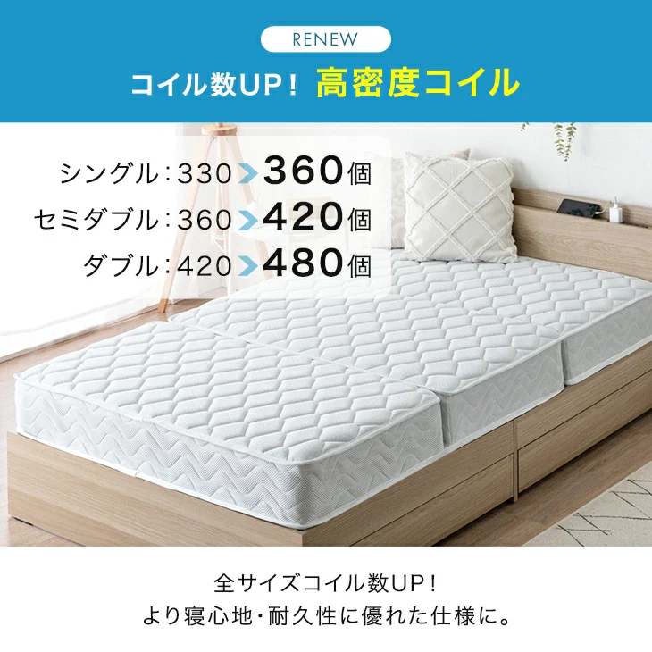 ［シングル］RENEW コイル数UP ボンネルコイルマットレス 三つ折り 高密度 通気性 ウレタン 圧縮 硬め 高反発 折りたたみ〔05190001〕 - Image 7