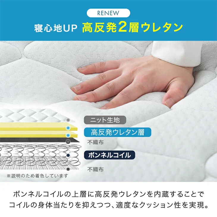 ［ダブル］RENEW コイル数UP ボンネルコイルマットレス 三つ折り 高密度 通気性 ウレタン 圧縮 硬め 高反発 折りたたみ〔05190006〕 - Image 10