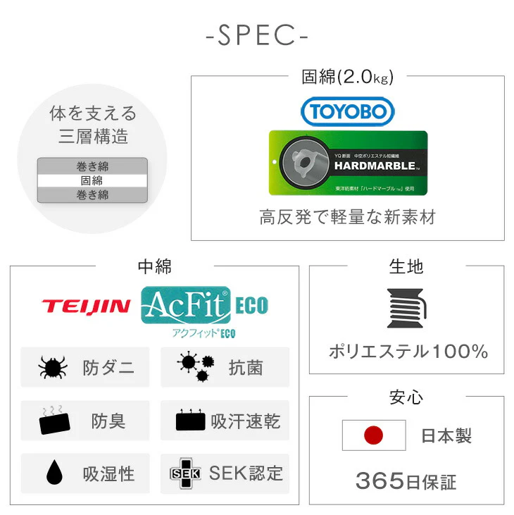 ［ダブル］軽量タイプ 三層敷布団 日本製 固綿 防ダニ 抗菌 防臭吸汗 速乾 硬め〔10156722〕 - Image 6