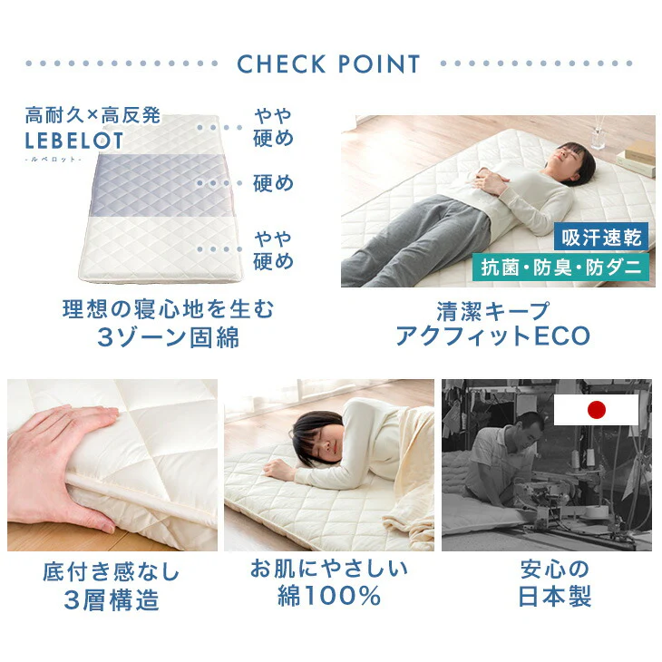 ［シングル］腰想い。3ゾーン構造 敷布団 日本製 綿100% 固綿 防ダニ 抗菌 防臭吸汗 速乾〔11156756〕 - Image 4