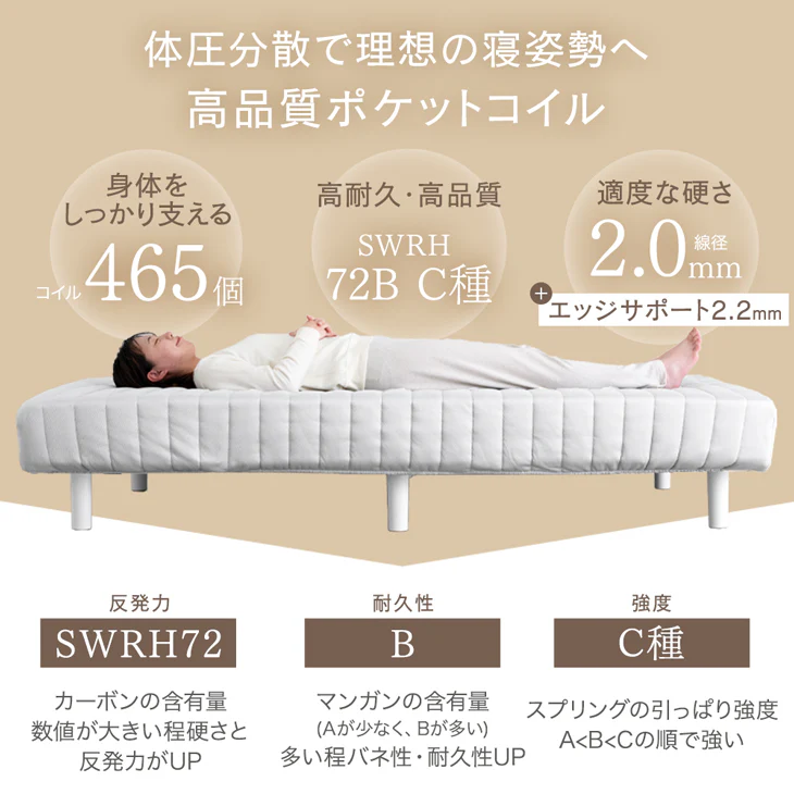 ［シングル］高脚25cm 脚付きマットレス ポケットコイル 洗えるカバー付 ベッド下収納 エコテックス 天然木脚 圧縮梱包〔17800113〕 - Image 6