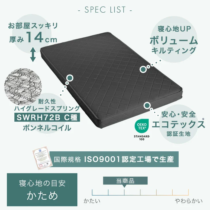 ［シングル］マットレス ボンネルコイル 厚み14cm 薄型 硬め ベッドマット〔17800144〕 - Image 3