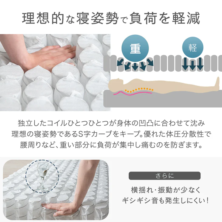 ［シングル］組み立て簡単 脚付きマットレス ポケットコイル 高反発 圧縮梱包 安心のエコテックス生地 一体型〔17810129〕 - Image 9