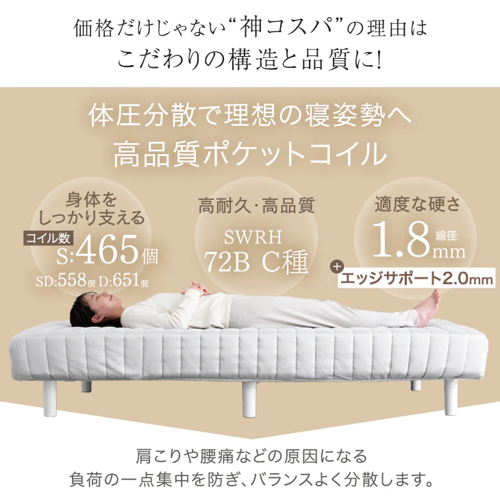 ［セミダブル］組み立て簡単 脚付きマットレス ポケットコイル 高反発 圧縮梱包 安心のエコテックス生地 一体型〔17810130〕 - Image 4