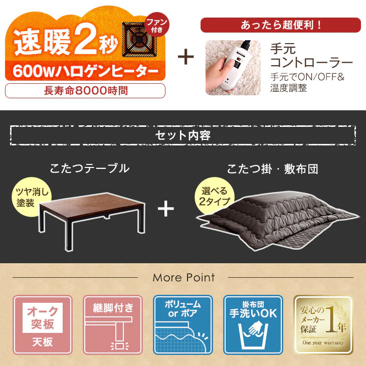 ［3点セット］ヴィンテージ調 こたつ 120×80 長方形 600Wハロゲンヒーター 手元コントローラー 継脚 掛敷布団 天然木 おしゃれ 速暖〔21300093〕 - Image 3