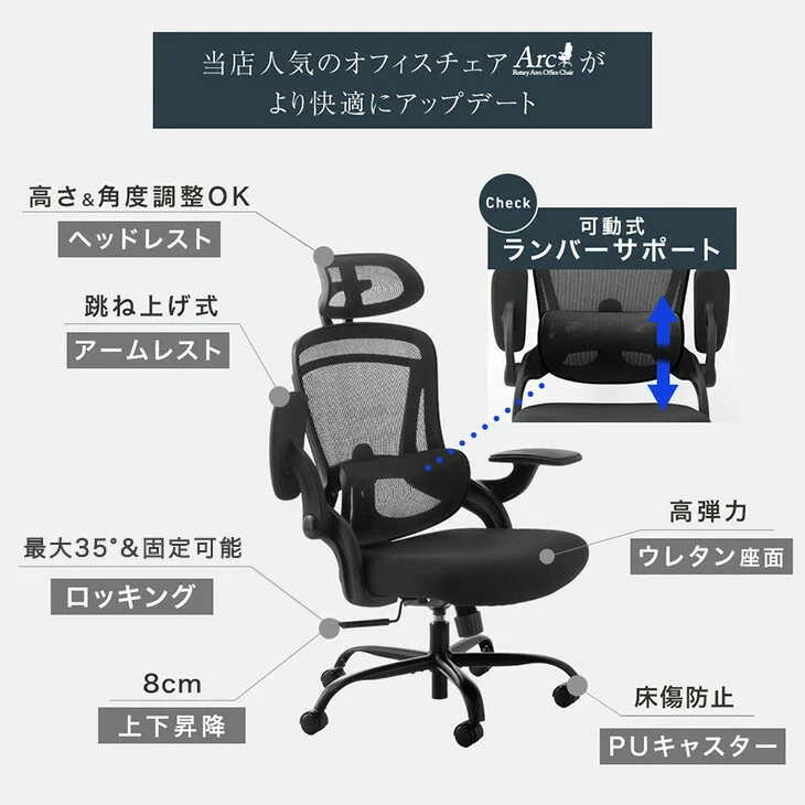 オフィスチェア ランバーサポート付 ロッキング ヘッドレスト ハイバック 肘付き 高さ調節 メッシュ チェア 椅子〔31500046〕 - Image 4