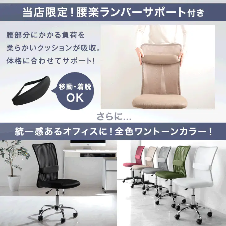 【樹脂・アームレスト:無し】オフィスチェア 単品 メッシュ ランバーサポート コンパクト 椅子 パソコンチェア 事務椅子〔31500052〕 - Image 3
