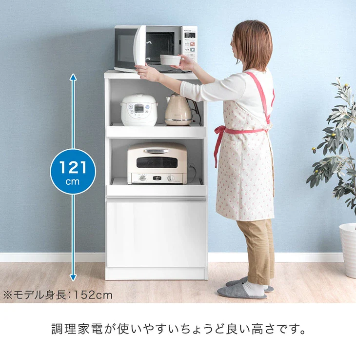 ［幅60］国産 レンジボード 完成品 食器棚 カウンター キッチン収納 スライド棚 大型レンジ対応 大川家具 木製 スリム〔33020105〕 - Image 9