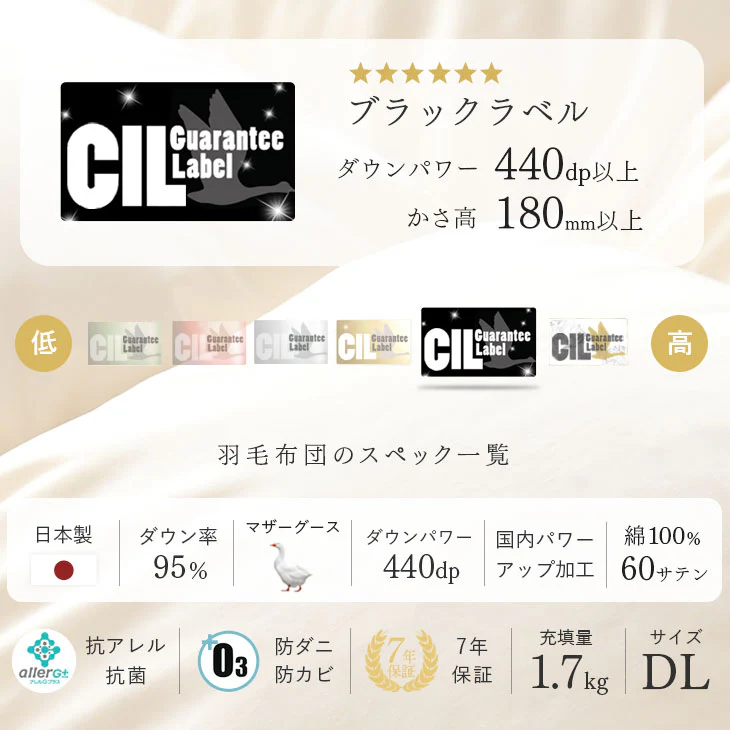 【クリアランス】[ダブル] 羽毛布団 増量1.7kg マザーグースダウン95％ CILブラックラベル 立体キルト 440dp以上 かさ高180mm以上  超長綿60サテン 日本製〔39100020〕 - Image 3
