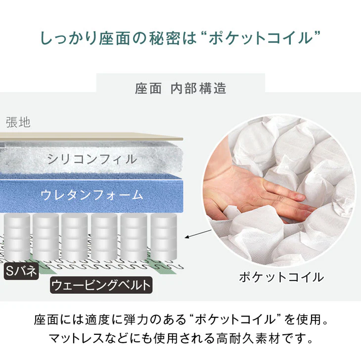 RENEW お掃除ロボ対応 コンパクト カウチソファ 洗えるカバーリング 3人掛け ポケットコイル オットマン付 コーナーソファ〔42500023〕 - Image 11