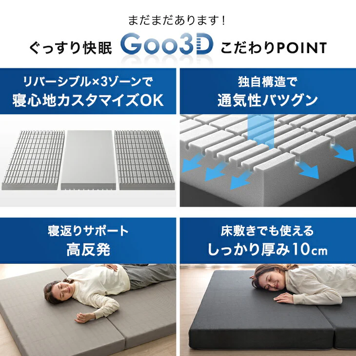 [クイーン] Goo3D《グッスリード》 マットレス 三つ折り 10cm 高反発 3Dカット 3ゾーン 体圧分散 洗えるカバー 〔43300158〕 - Image 15