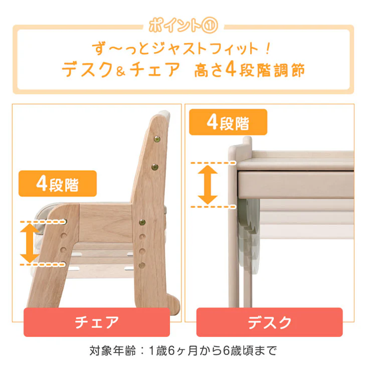 ［通常タイプ］現役ママが考えた キッズデスク チェアセット 高さ調整 引出し付 タブレットスタンド 木製 勉強机〔49600907〕 - Image 7