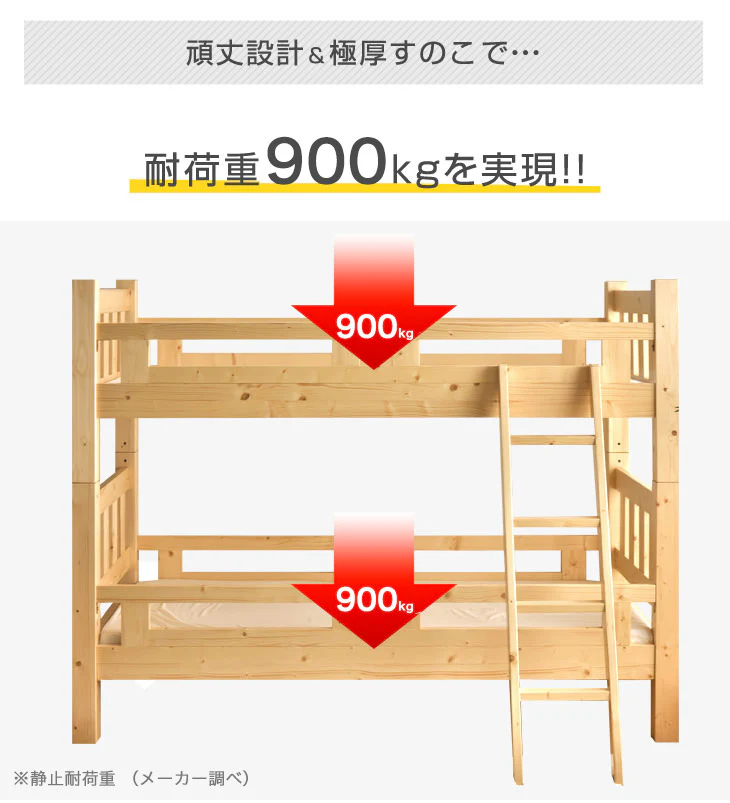 ［お得セット］90ミリ角柱 二段ベッド 高反発マットレス付 耐震設計 耐荷重900kg 天然木 分離可能 はしご すのこ【超大型商品】〔65191021〕 - Image 9