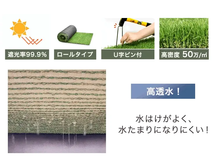 ［2m×10m］水はけ4倍 防草機能付き 人工芝 高密度50万本/m 芝丈35mm 防草 ロール 一体型 ガーデン〔66700085〕 - Image 4