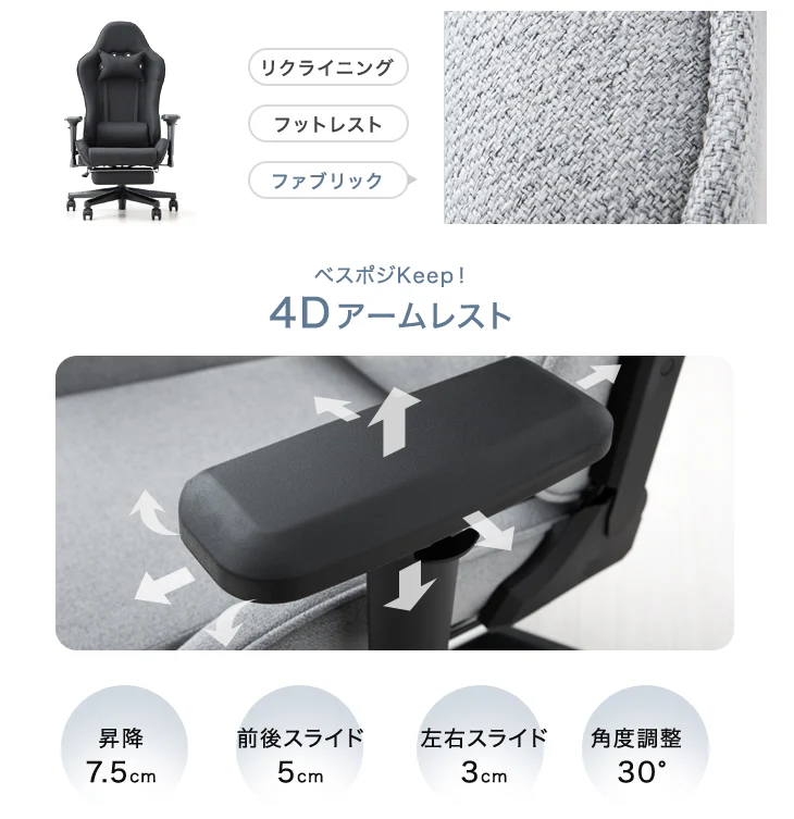 ファブリック ゲーミングチェア 4Dアームレスト フットレスト付 リクライニング バケットシート ハイバック オフィスチェア デスクチェア CYBER GROUND〔68800010〕 - Image 3