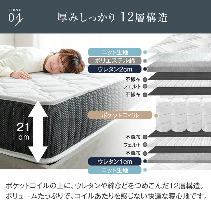 [セミダブル] マットレス 3ゾーン構造 超高密度 ポケットコイル 厚み21cm 4Dメッシュ 抗菌 調湿 硬め リバーシブル エッジサポート〔77500003〕 - Image 13