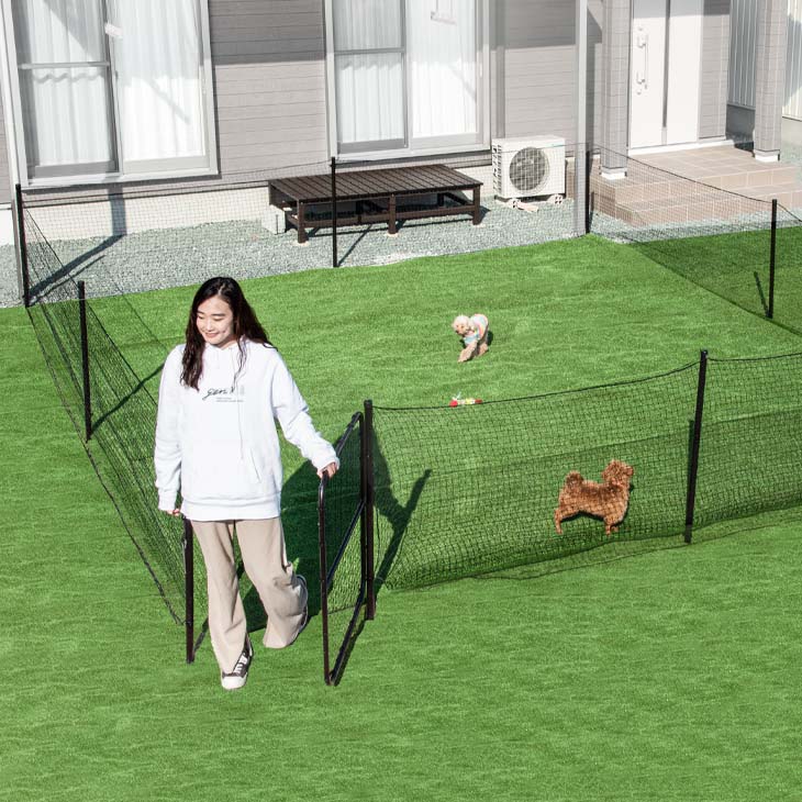 【穴あけ器付属】ドア付きドッグランセット 長さ20m 高さ90cm 折りたたみ 組み換え可能 ゲート付き ペットサークル ドッグサークル ネット フェンス 柵 ケージ〔79400001〕
