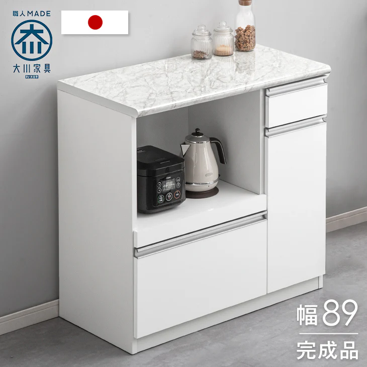 [幅89cm] 大理石調 キッチンカウンター 日本製 大川家具 完成品 食器棚 収納〔83100001〕 - Image 2